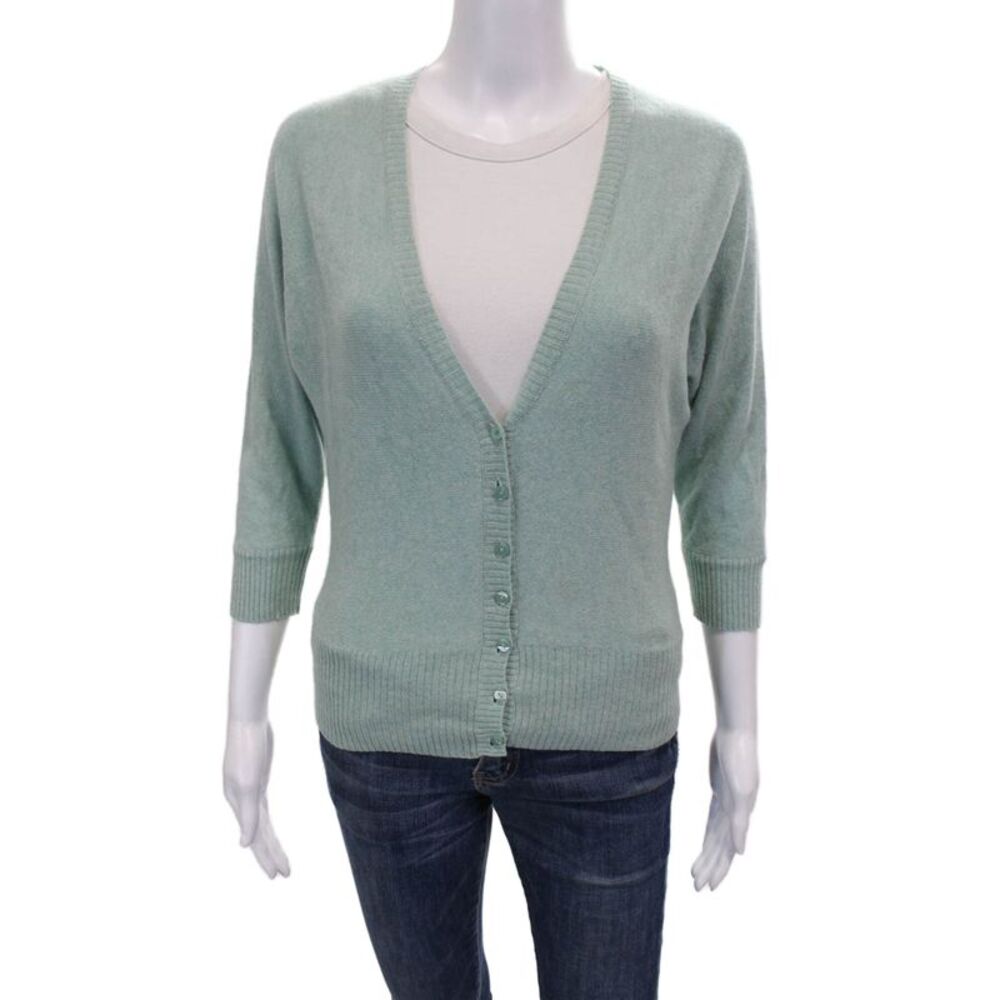 Cashmere Womens V-Neck 3/4 Sleeve Cardigan Green Size XS